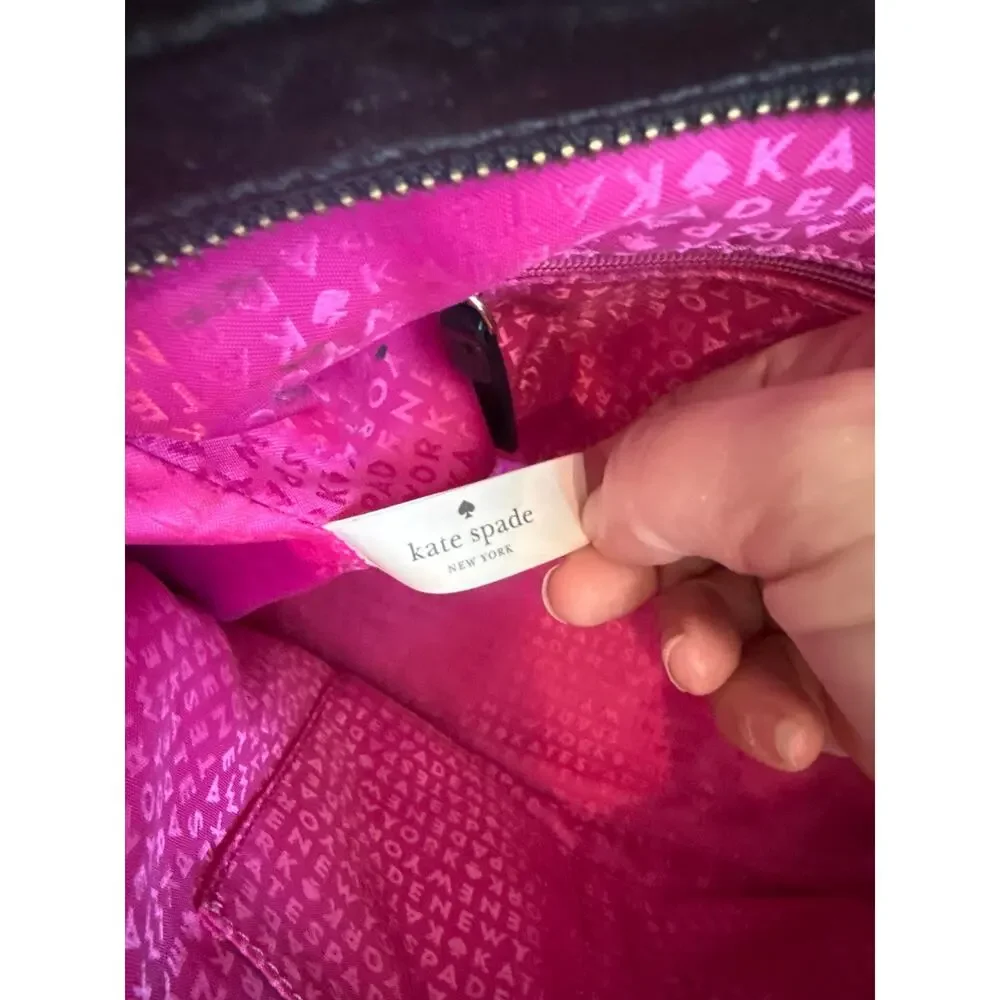 Kate Spade Black Leather with Black and White Striped Shoulder Tote Bag